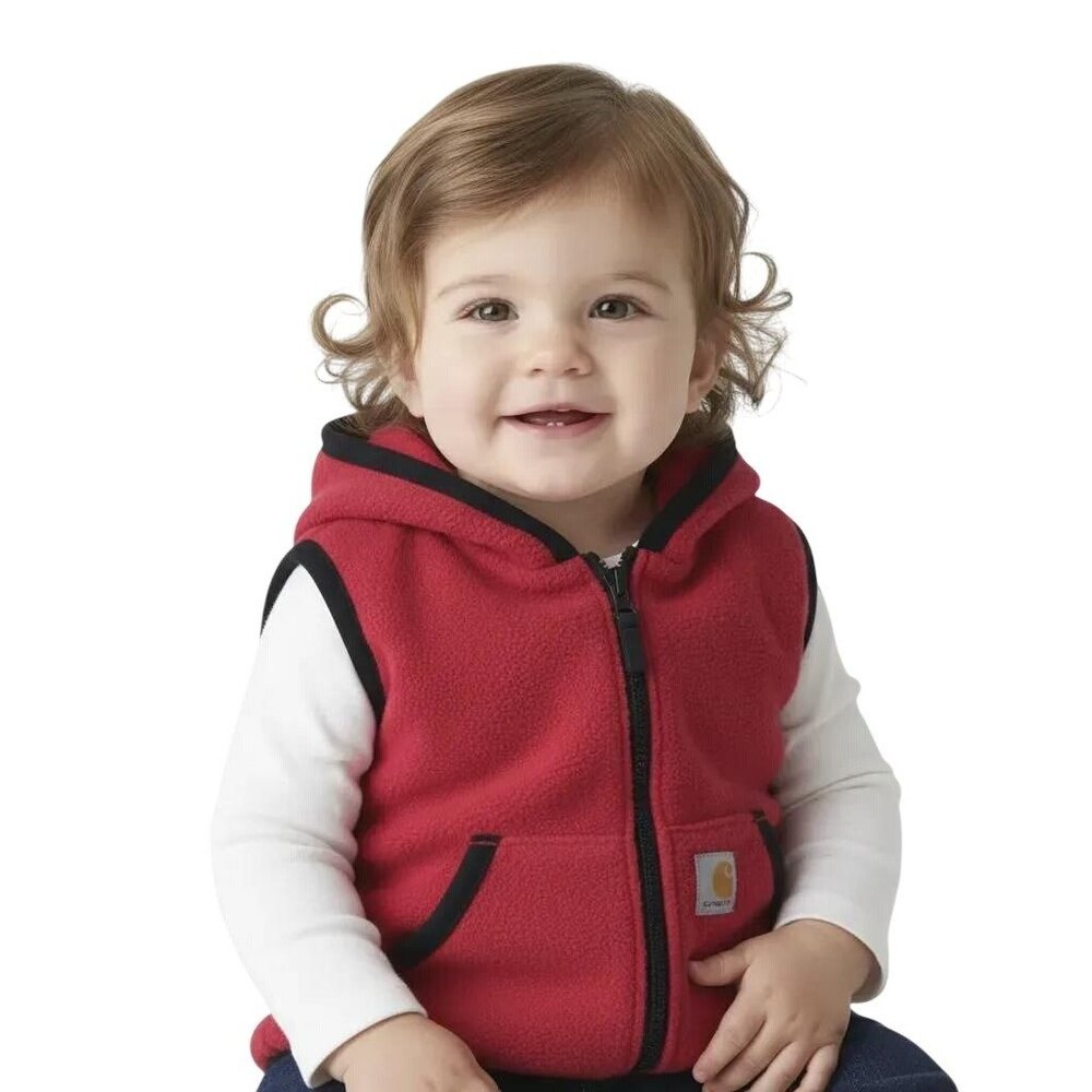 Carhartt Infant Baby Girl Red/Black Fleece‎ Full Zip Hooded Vest Size 12M